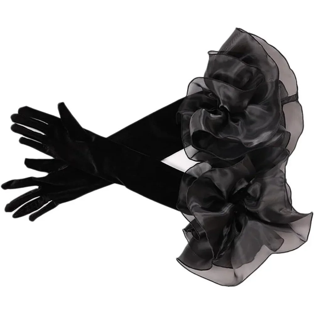 Women's Velvet Black 50cm Satin Tulle  Puff Long Gloves Banquet Wedding Party